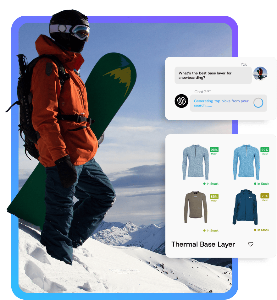 A snowboarder on a mountain beside a ChatGPT conversation recommending thermal base layers from the merchant's catalog